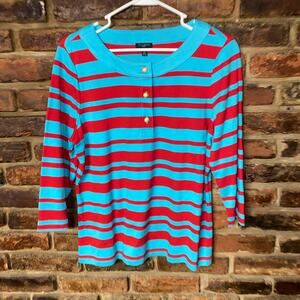 Talbots Aqua Blue Red Striped Quarter Button Henley Top Size PL Petite Large